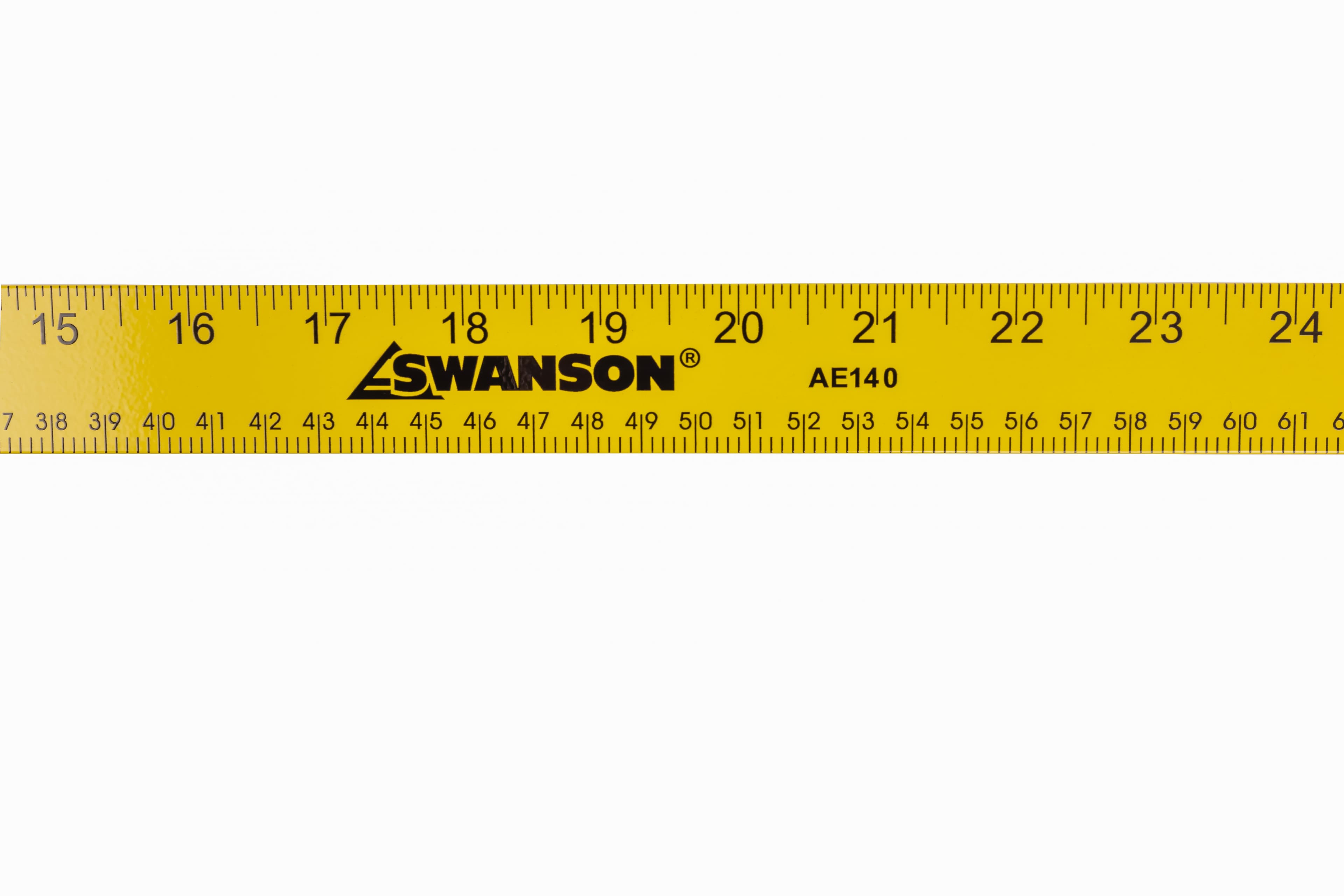 Close-up of the SWANSON brand mark and AE140 stamp on the yellow meterstick, showing black metric and inch gradations on the powder-paint finish.