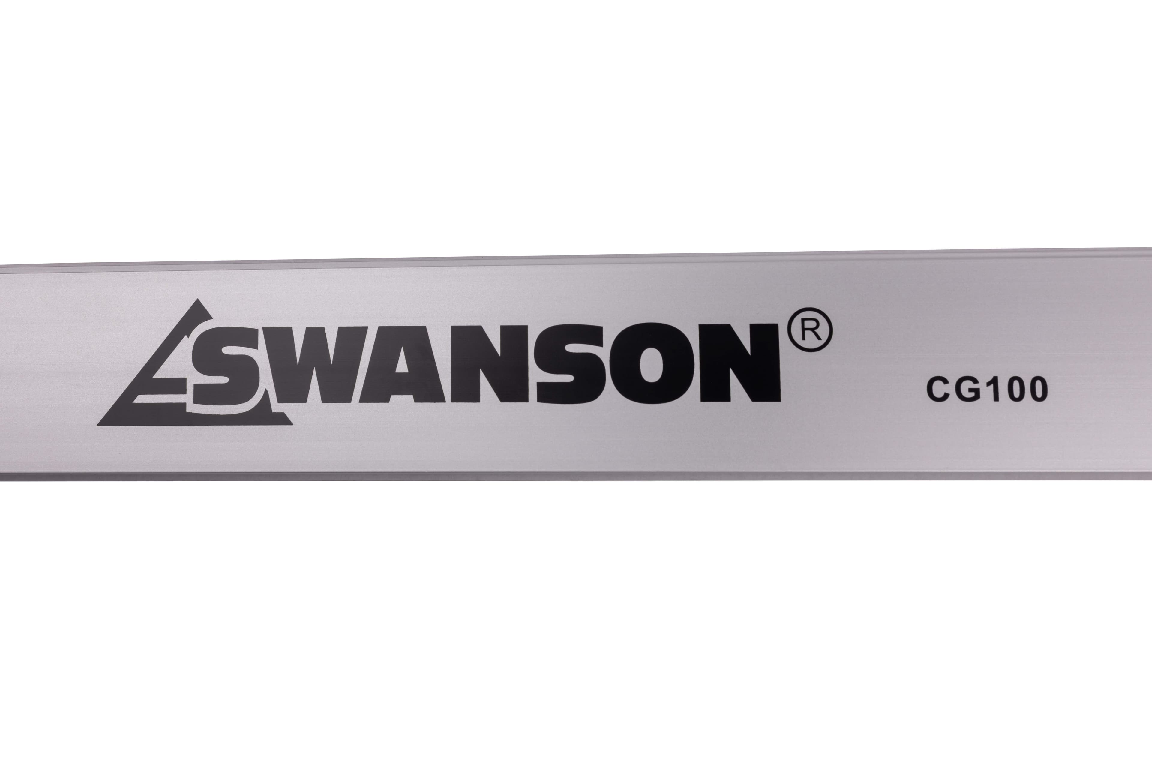 Macro close-up of the SWANSON brand mark and CG100 print on the anodized silver aluminum cutting guide.
