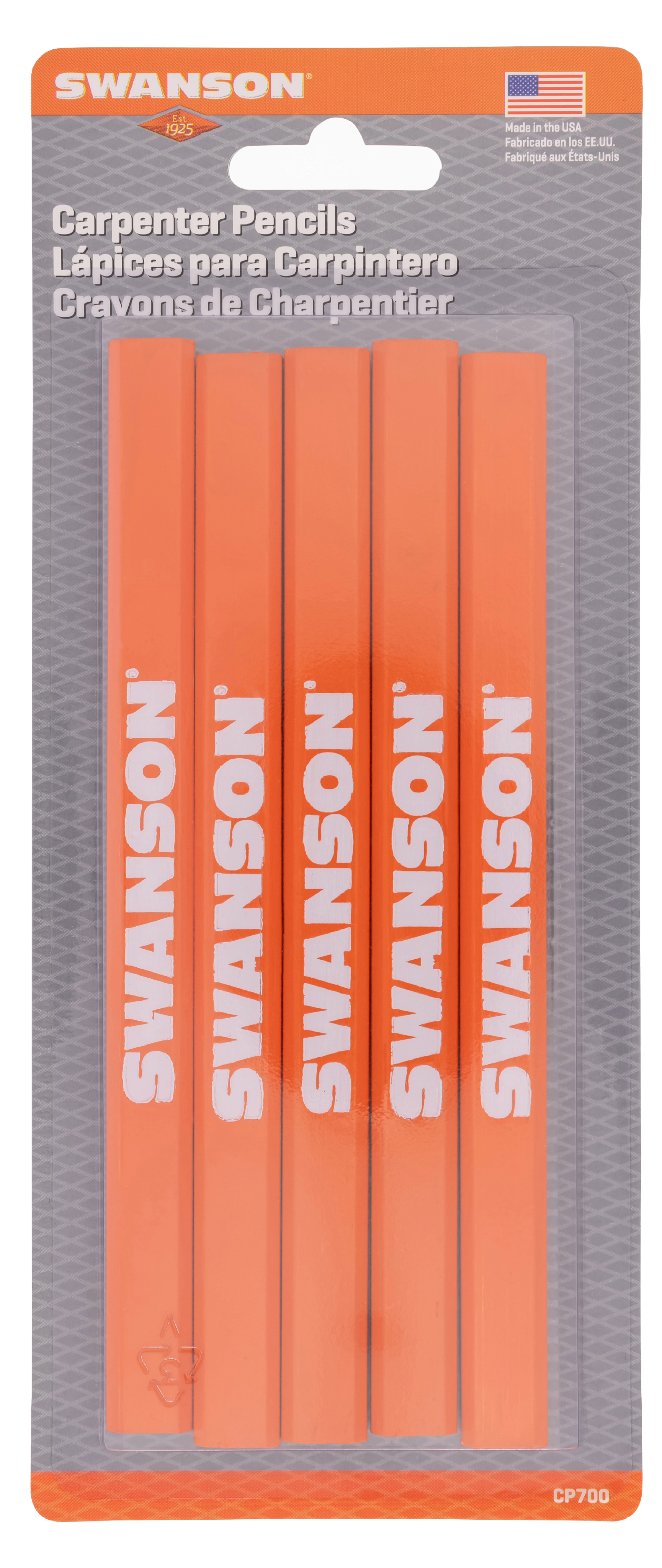 Retail card packaging for the Swanson Carpenter Pencils 5-pack with the SWANSON brand strip across the top and the five orange pencils in the blister.