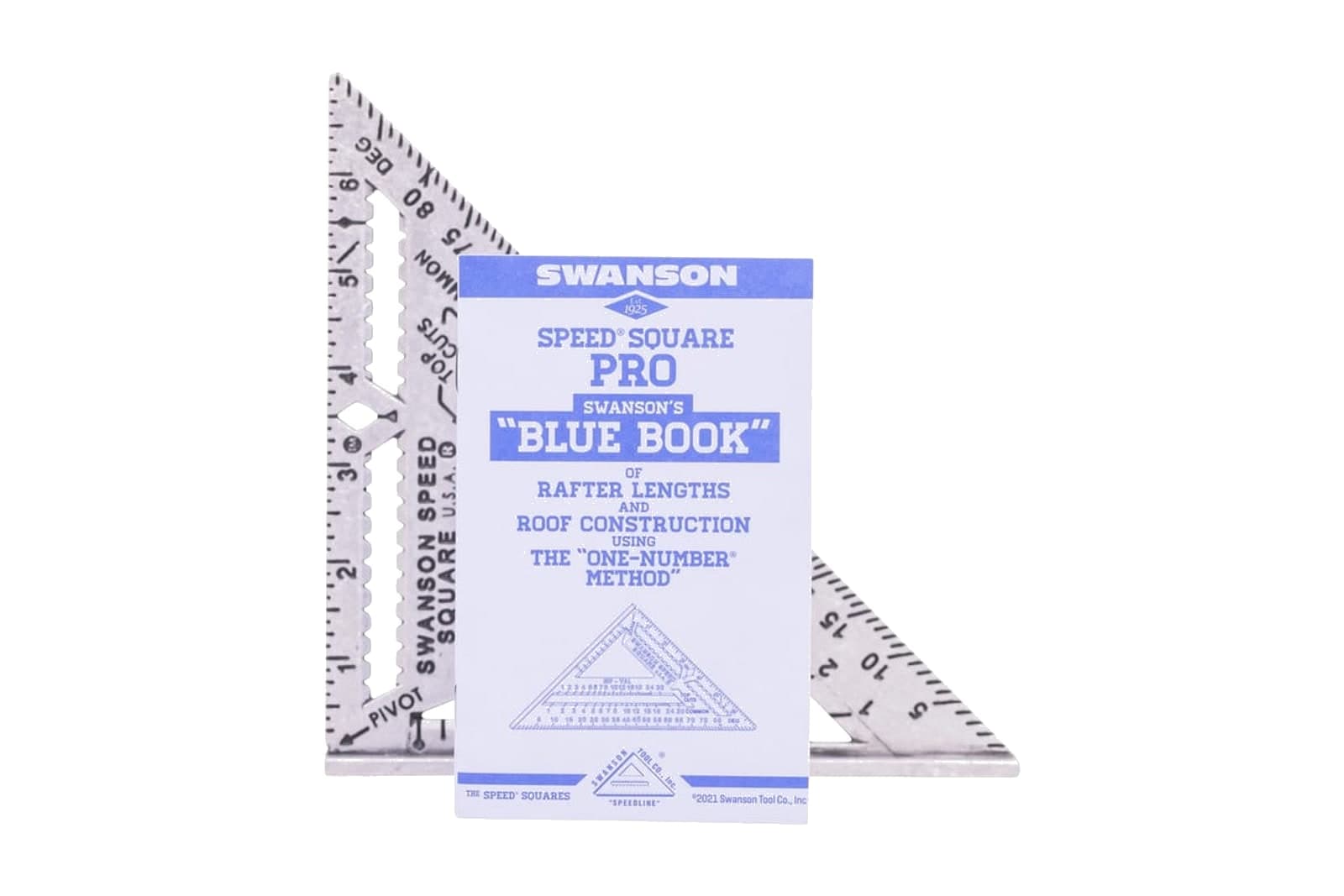 A Swanson Speed® Square PRO standing next to the Speed® Square PRO Blue Book and a Swanson Speed Clip.