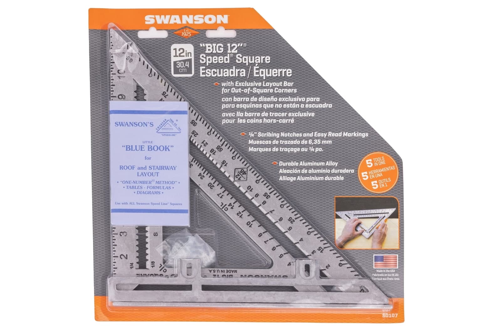 The Swanson Big 12 Speed® Square in retail packaging with the included Swanson Blue Book and Layout Bar.