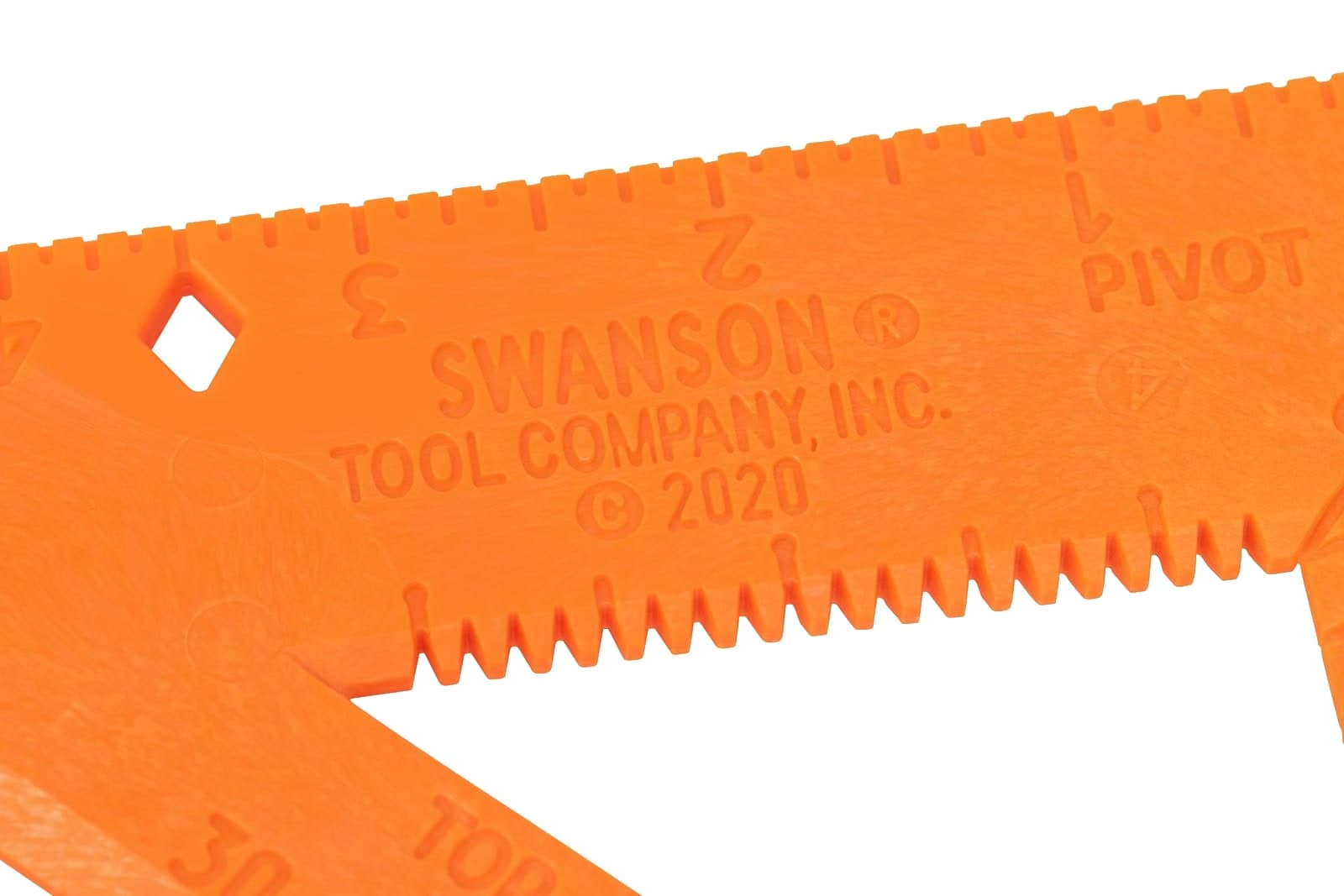 Close-up of the 1/8 in. spaced saw-guide notches on the back of a Swanson Speedlite® Square.