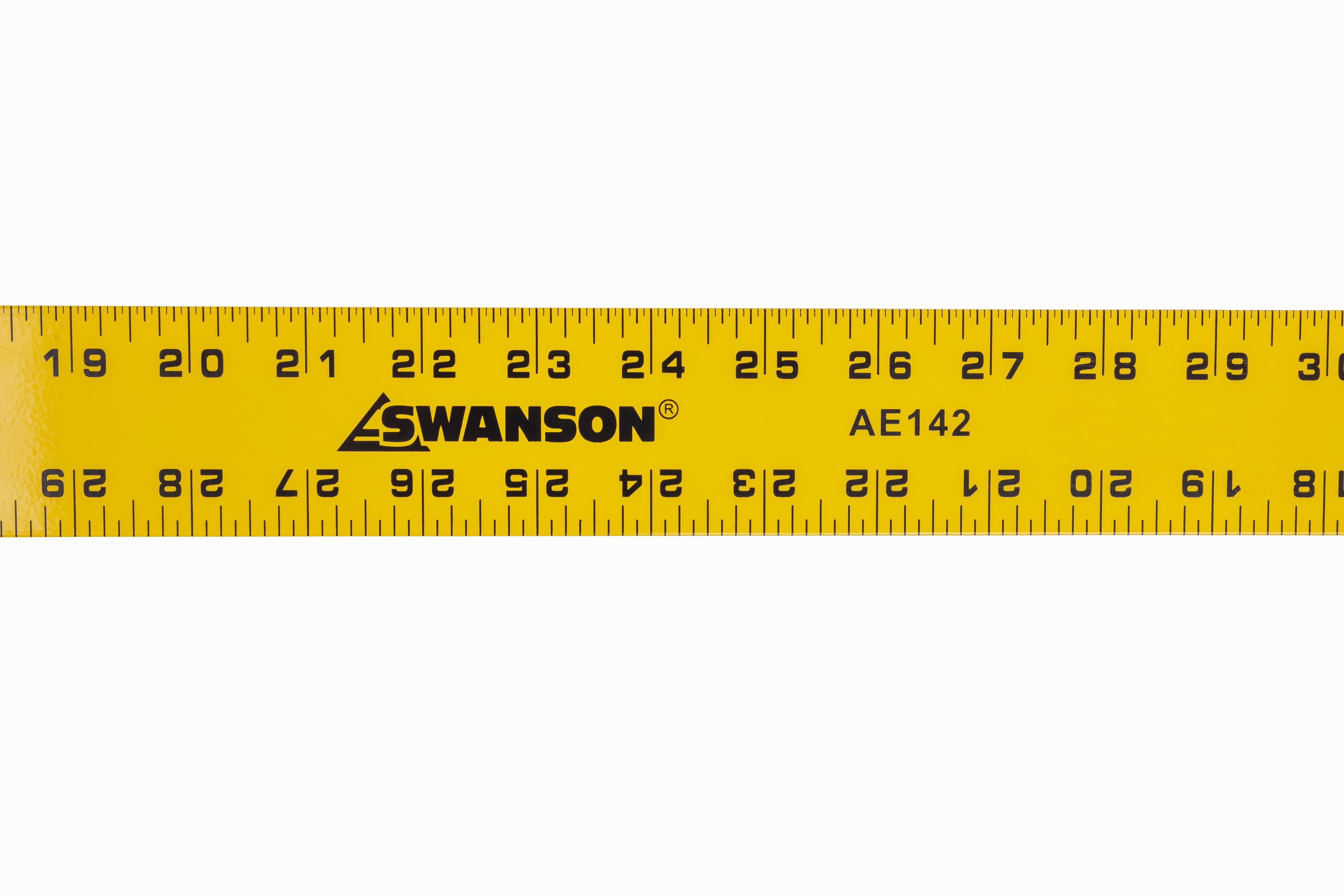Close-up of the SWANSON brand mark and AE142 print on the yellow 48 in. straight-edge, showing black inch gradations on the powder-paint finish.