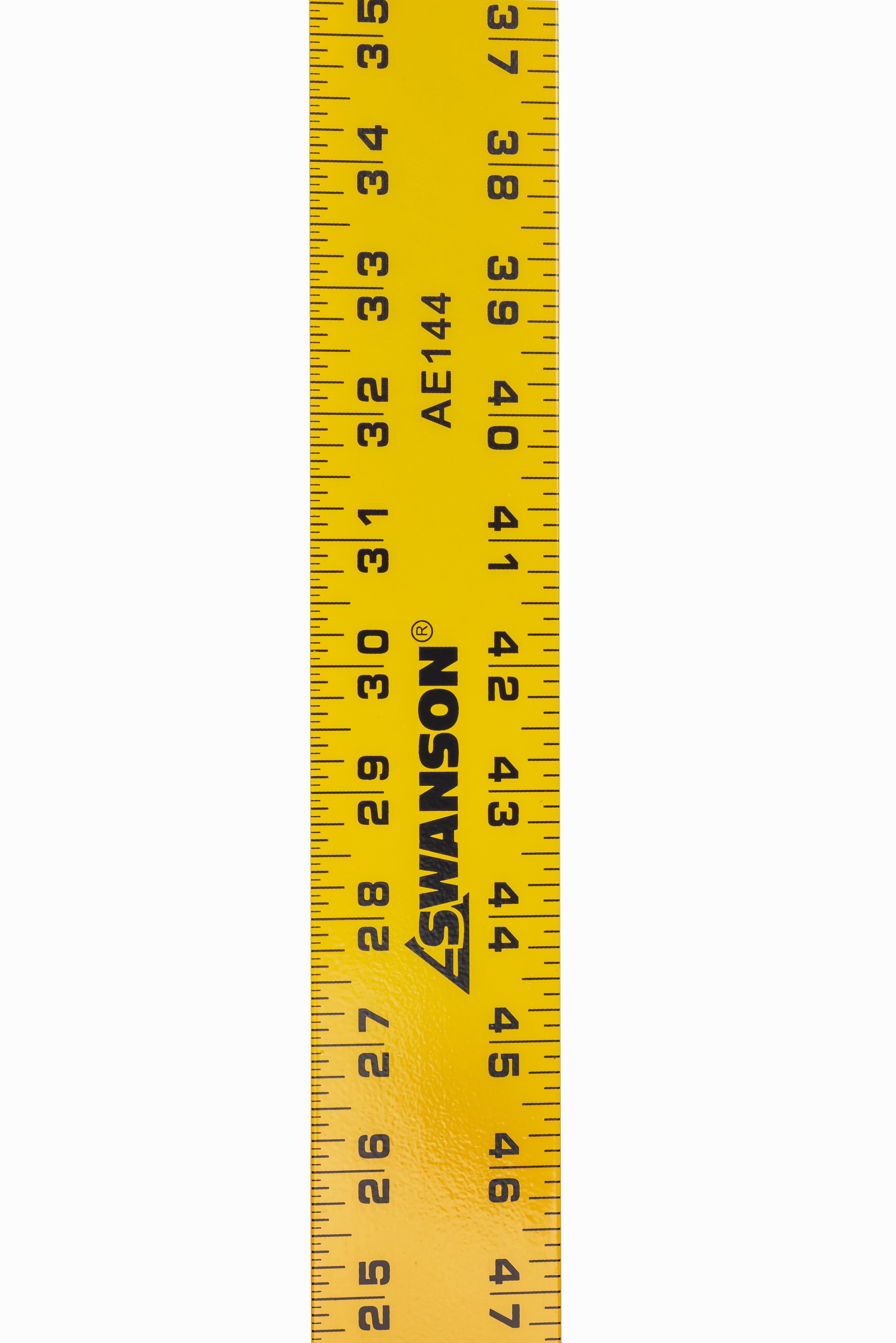 Close-up of the SWANSON brand mark and AE144 stamp on the yellow 72 in. straight-edge, showing black inch gradations on the powder-paint finish.
