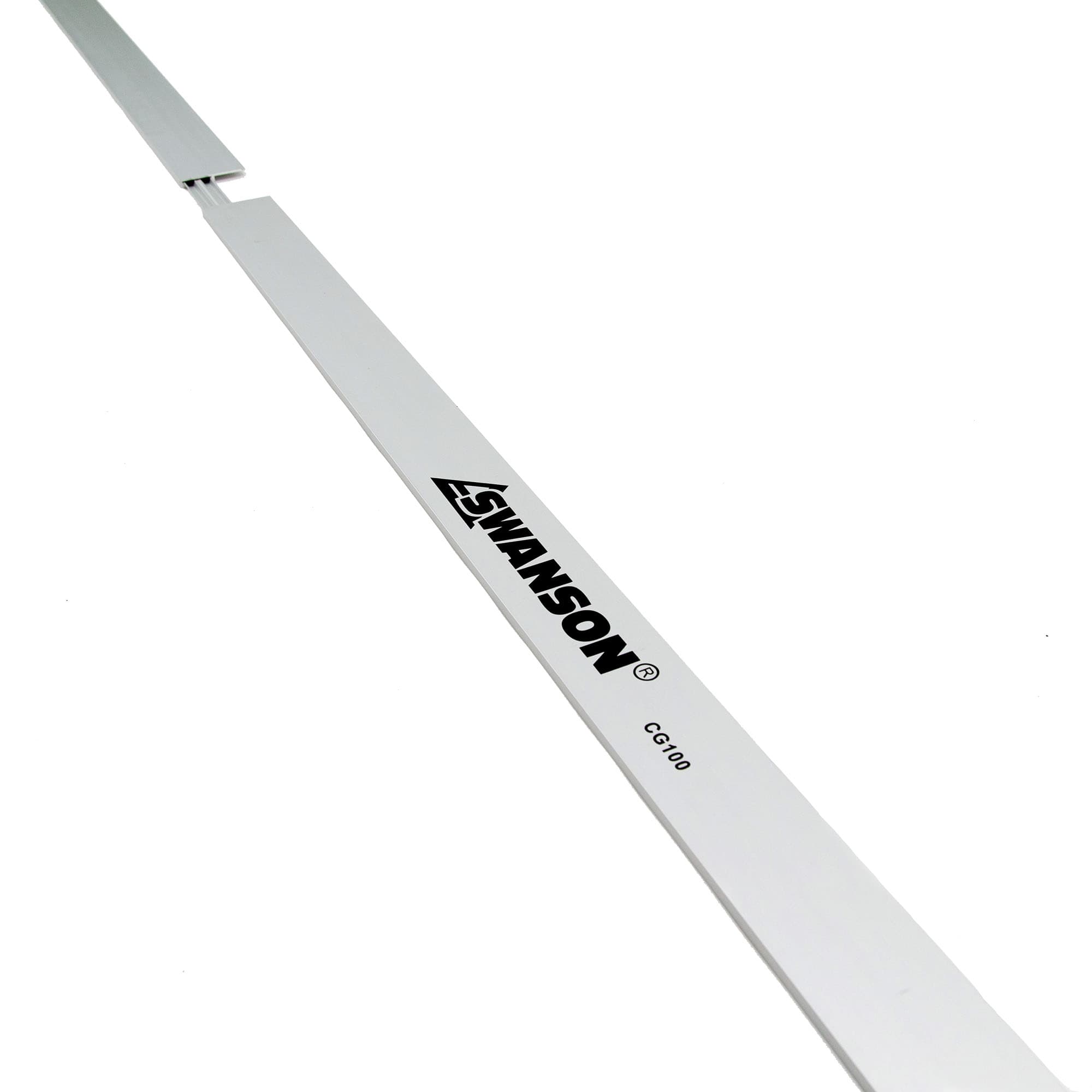 Diagonal studio shot of the Swanson CG100 cutting guide with the joining bar engaged at the top end and the SWANSON brand stamp visible mid-bar.