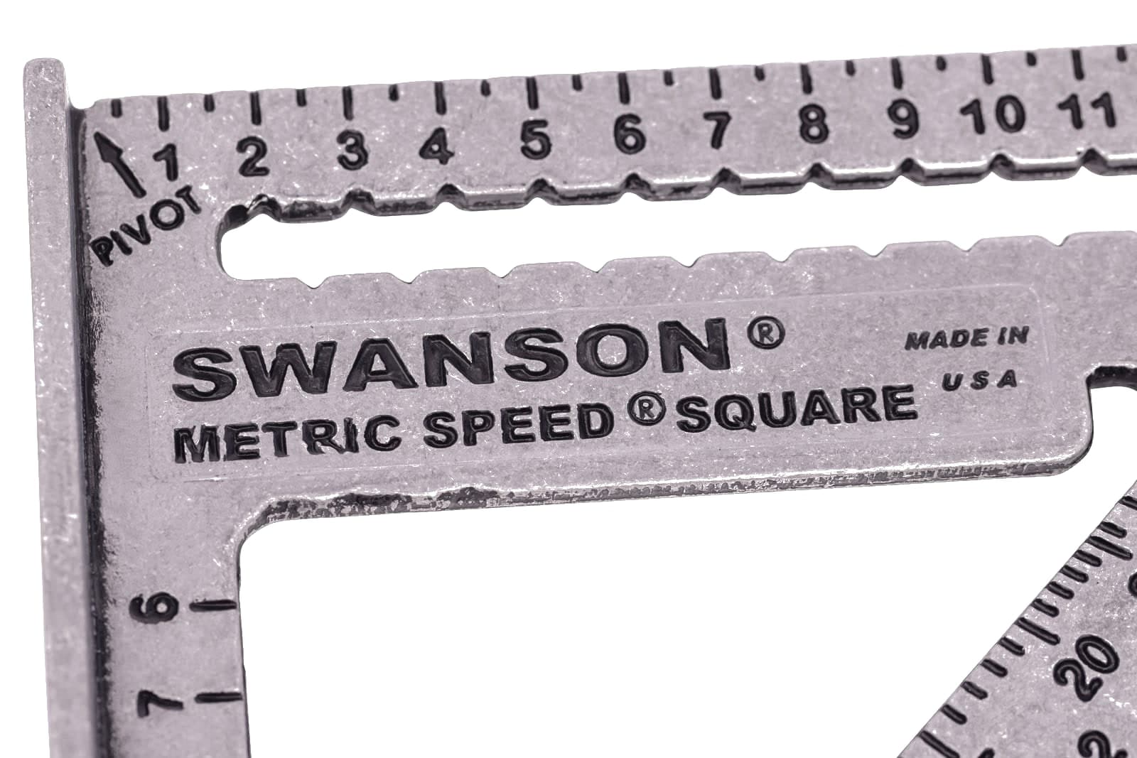 Close-up of the protractor scale and 0.5 cm Speed® notches on the Swanson Metric Speed® Square.