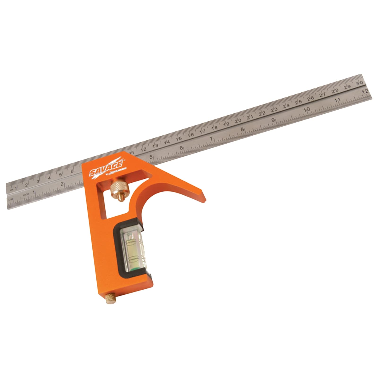 Studio shot of the Swanson SAVAGE® SVC133 12 in. Combination Square — aerospace aluminum head with stainless steel rule on a wood block.