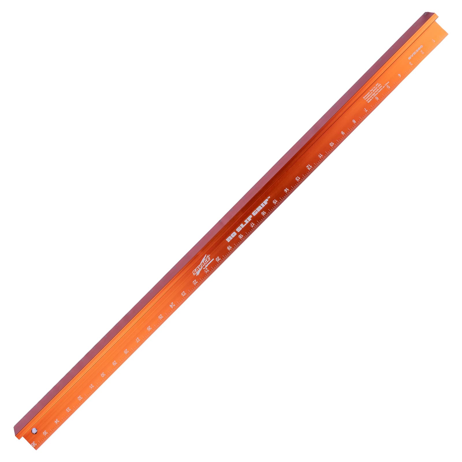 Diagonal hero of the SAVAGE 36 in. No Slip Straight Edge in anodized orange aluminum on white, NO SLIP GRIP stamp and laser-etched scale visible.