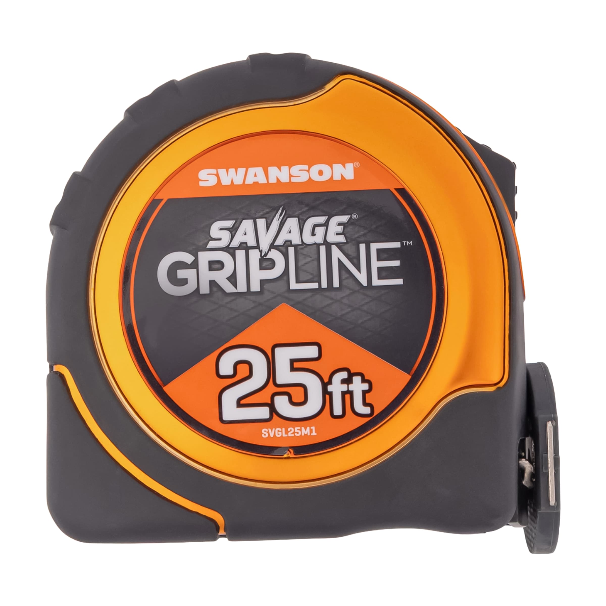 Studio shot of the Swanson SAVAGE® GripLine® 25 ft. tape measure, black-and-orange composite body with rotating tip and magnetic end hook.