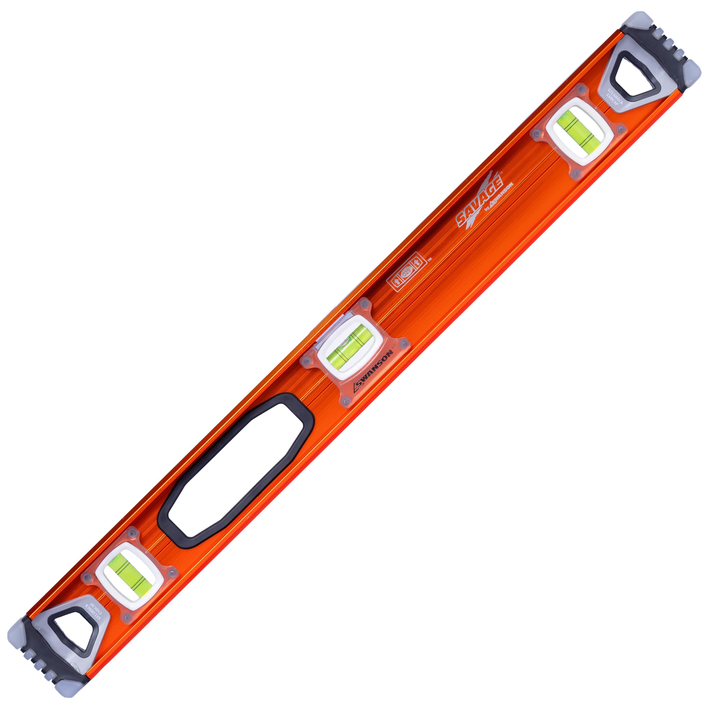 Studio shot of the Swanson SVI240 24 in. SAVAGE® I-Beam Level, anodized orange aluminum I-shape extrusion with white Gel Shock™ end caps.