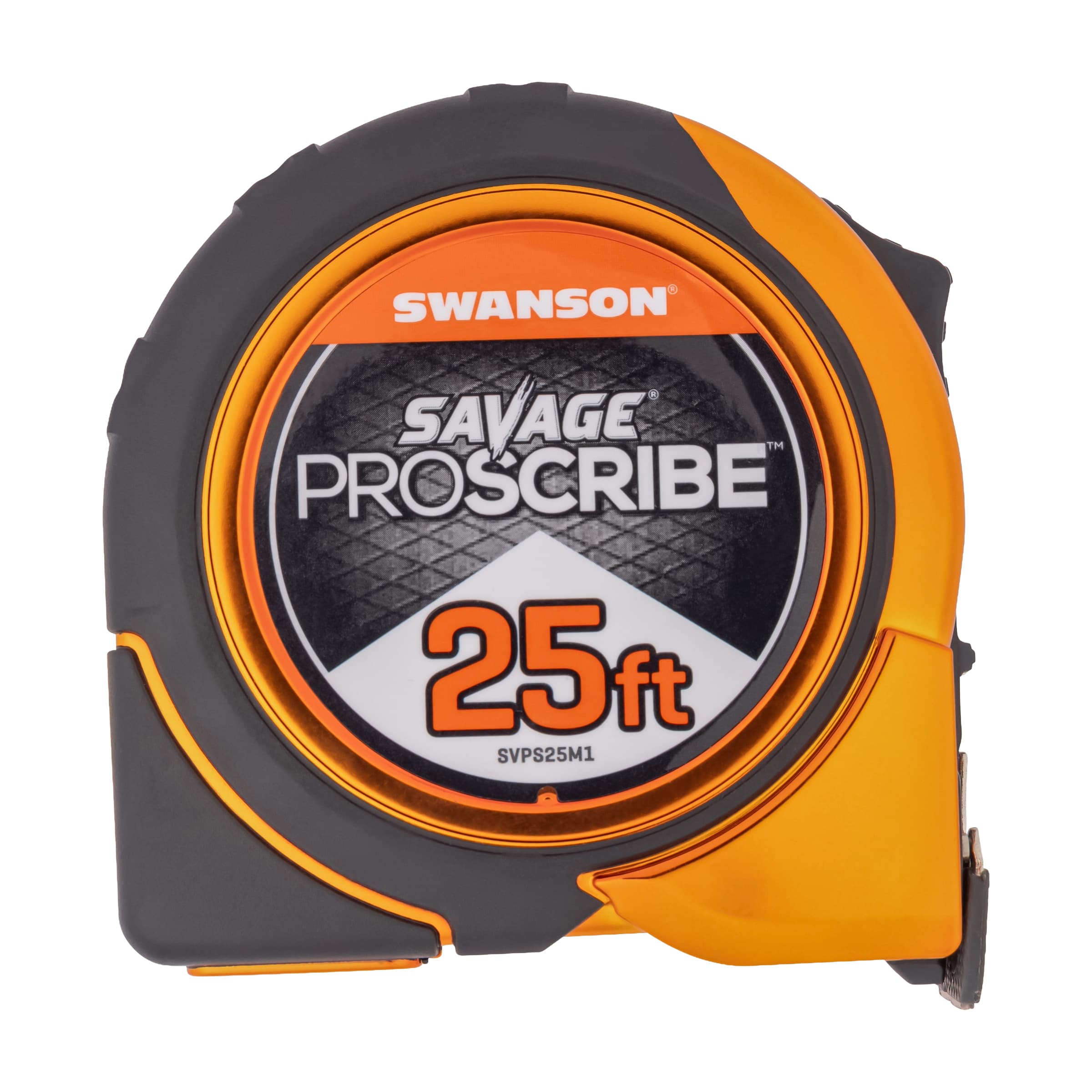 Studio shot of the Swanson SAVAGE® ProScribe® 25 ft. tape measure, black-and-orange composite body with magnetic tip and built-in scribe.