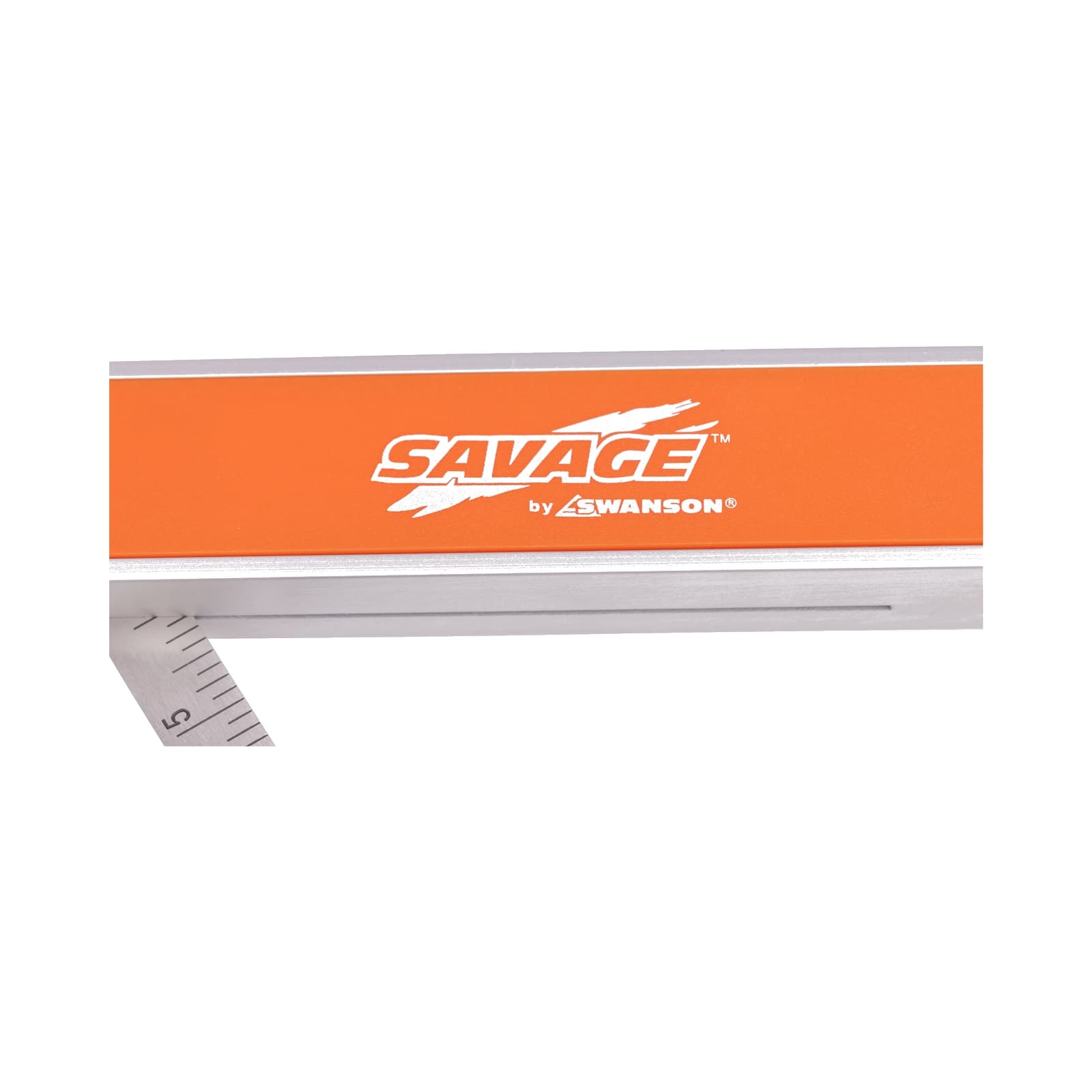 Macro close-up of the SAVAGE® by Swanson branding stamped on the orange anodized aluminum frame.