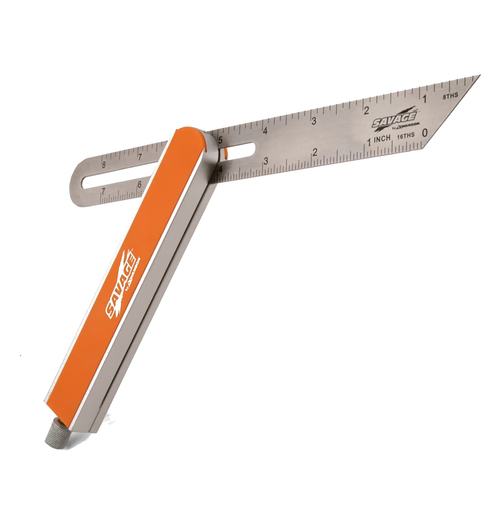 Studio shot of the Swanson SAVAGE® SVV150 9 in. T-Bevel with anodized aerospace-aluminum body and etched stainless blade.