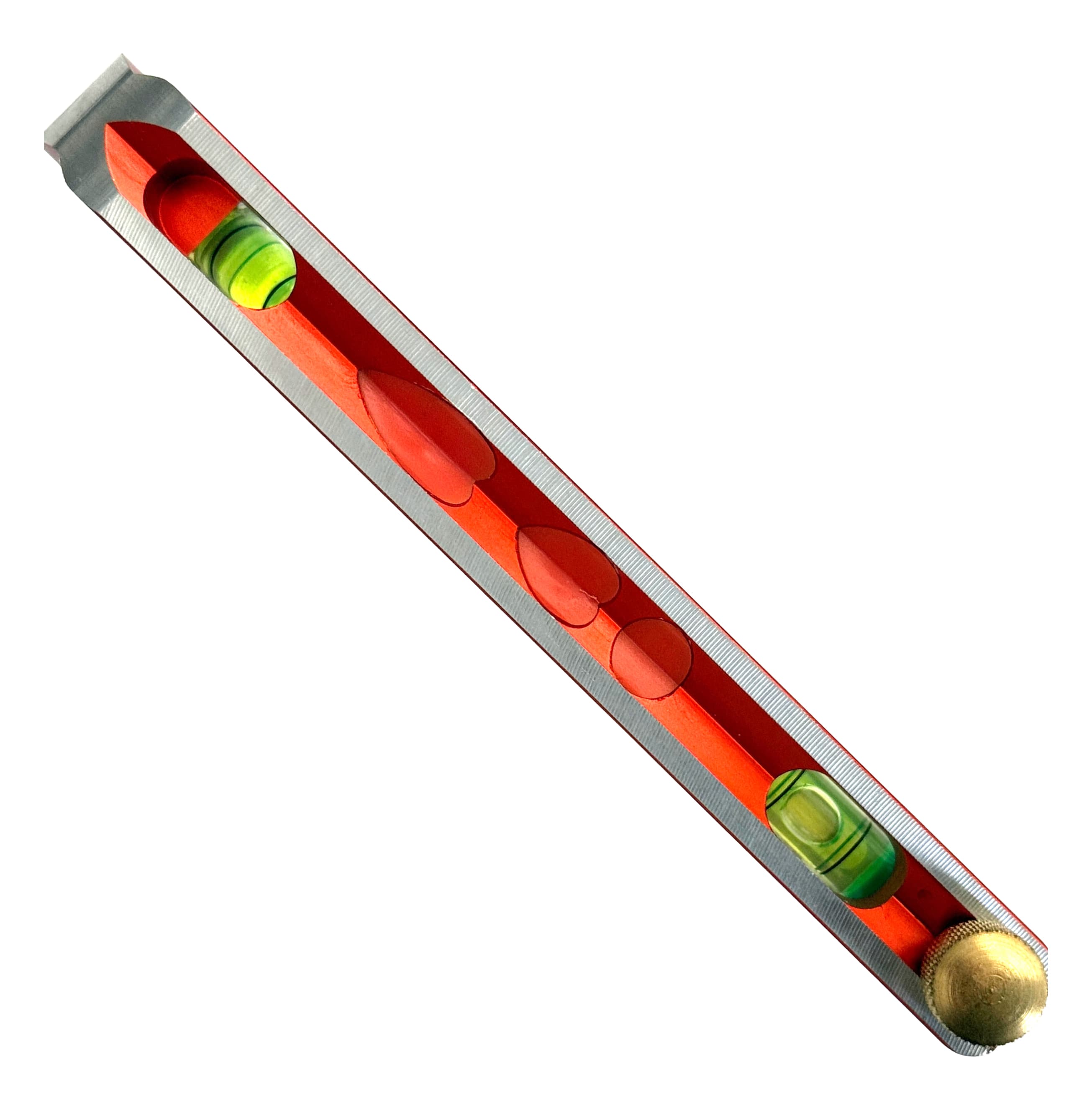 Top-down view of the TL041M Lil Savage® Torpedo Level showing the top-read windows for 0° and 30° vials, brass clamp on the right.