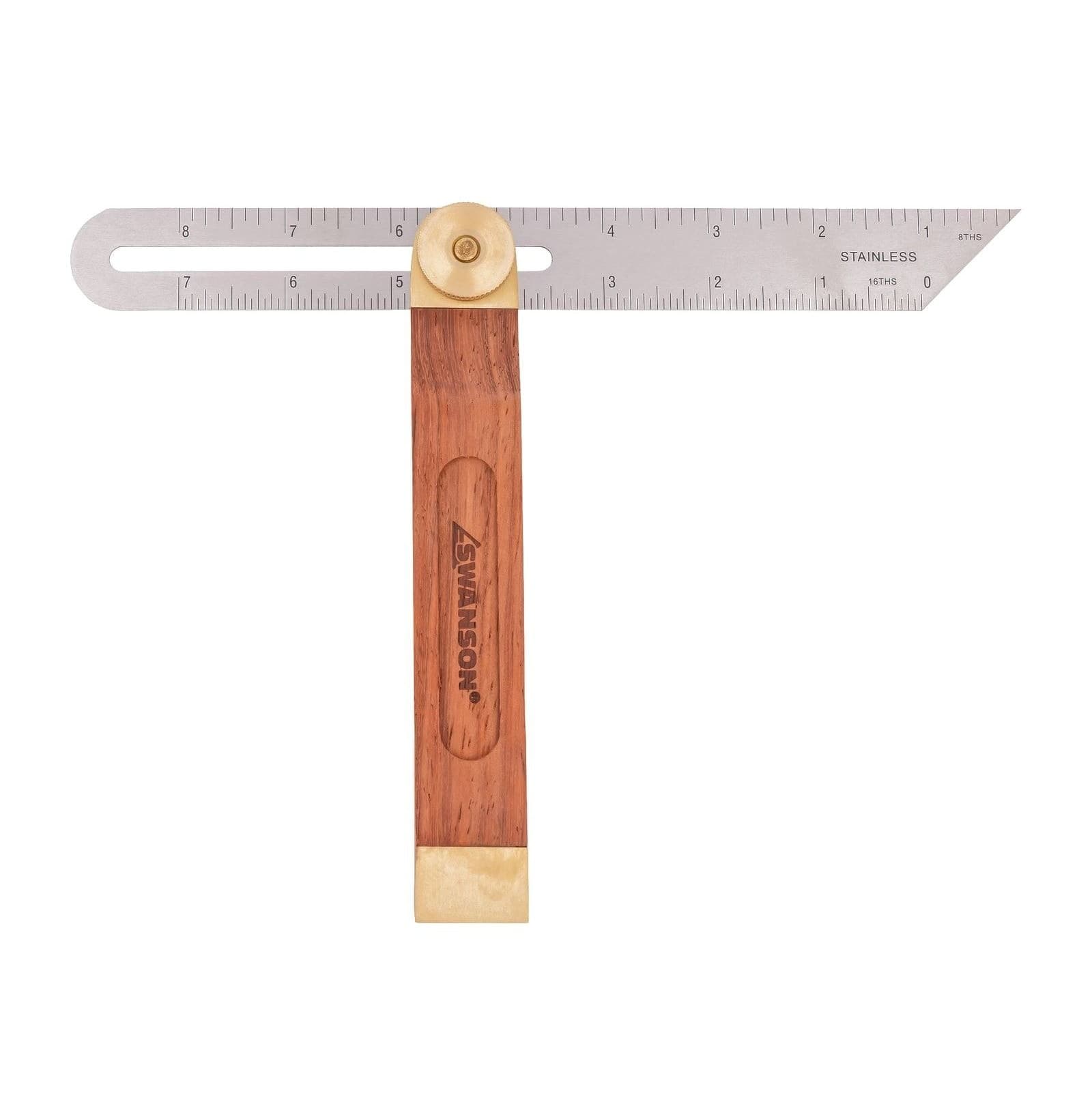 Studio shot of the Swanson TS149 9 in. Sliding T-Bevel, hardwood handle with brass-bound ends and an etched stainless blade.